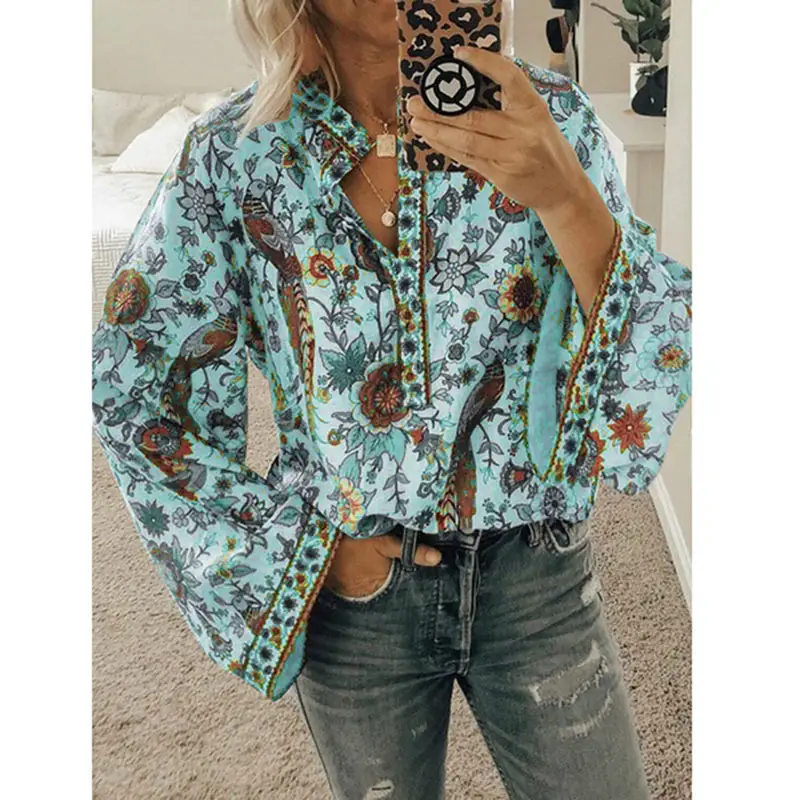 Women Floral Collar Long Sleeve Shirt Blue Winter - Image 9