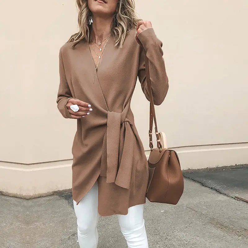 Women's Grey Lace-Up Long Sleeve Coat with Belt - Image 4