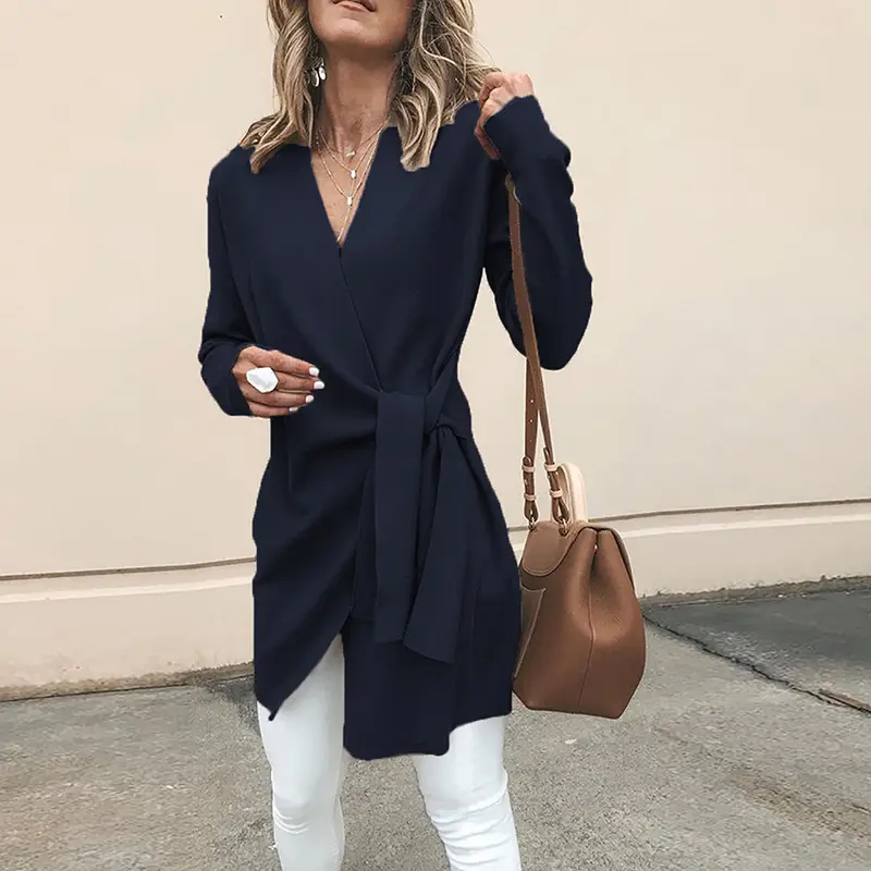 Women's Grey Lace-Up Long Sleeve Coat with Belt - Image 3
