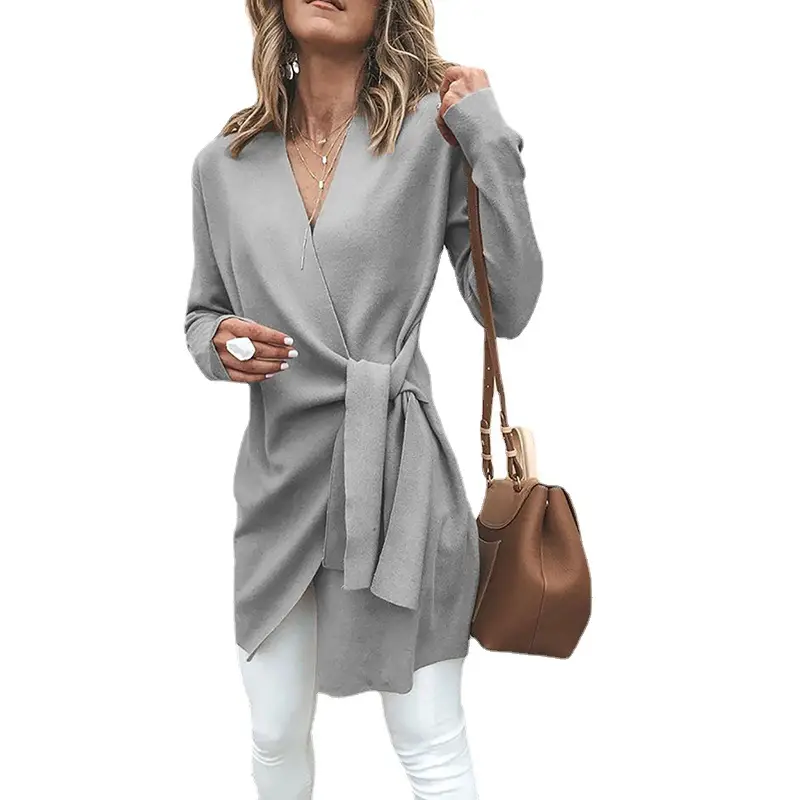 Women's Grey Lace-Up Long Sleeve Coat with Belt - Image 6