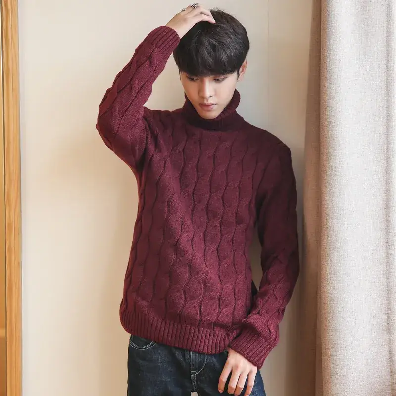 Men Maroon Turtleneck Long Sleeve Sweater - Image 9