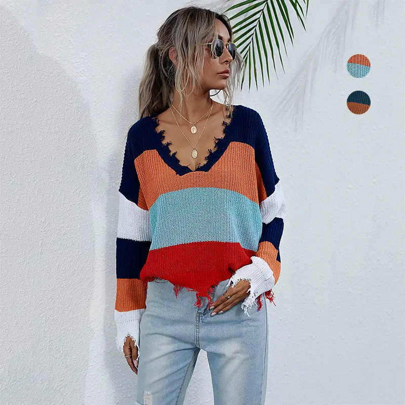 Women's V Neck Knitted Sweater Contrast Color Winter - Image 2