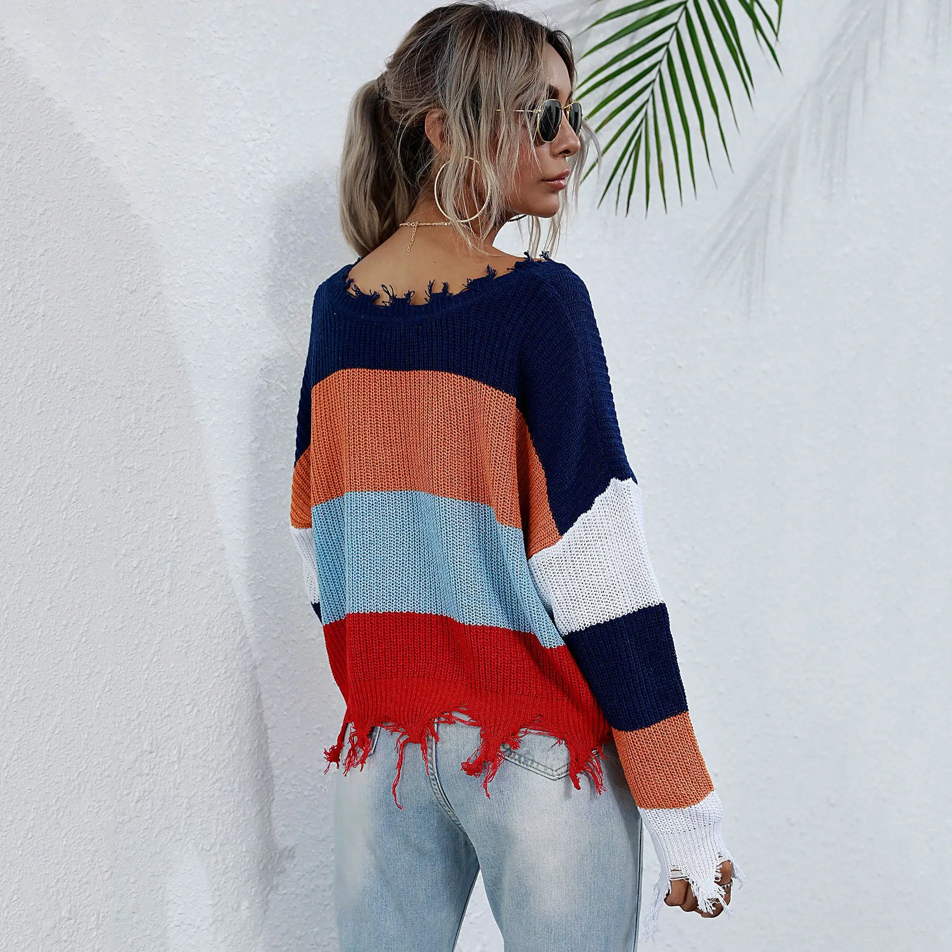Women's V Neck Knitted Sweater Contrast Color Winter - Image 4