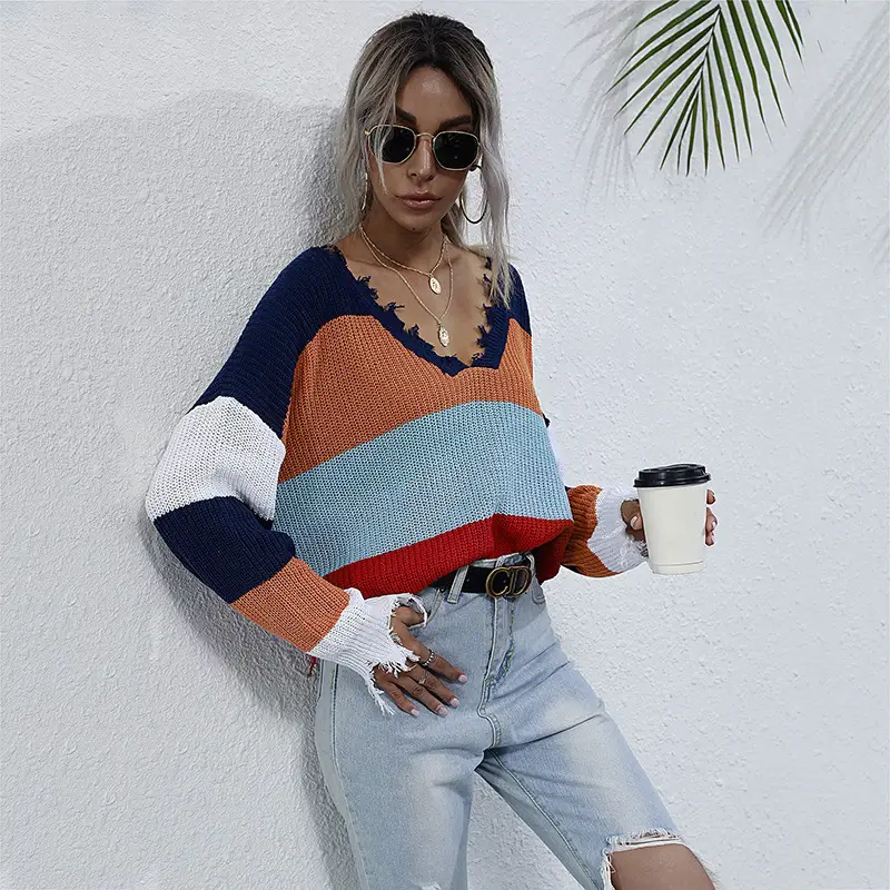 Women's V Neck Knitted Sweater Contrast Color Winter - Image 5
