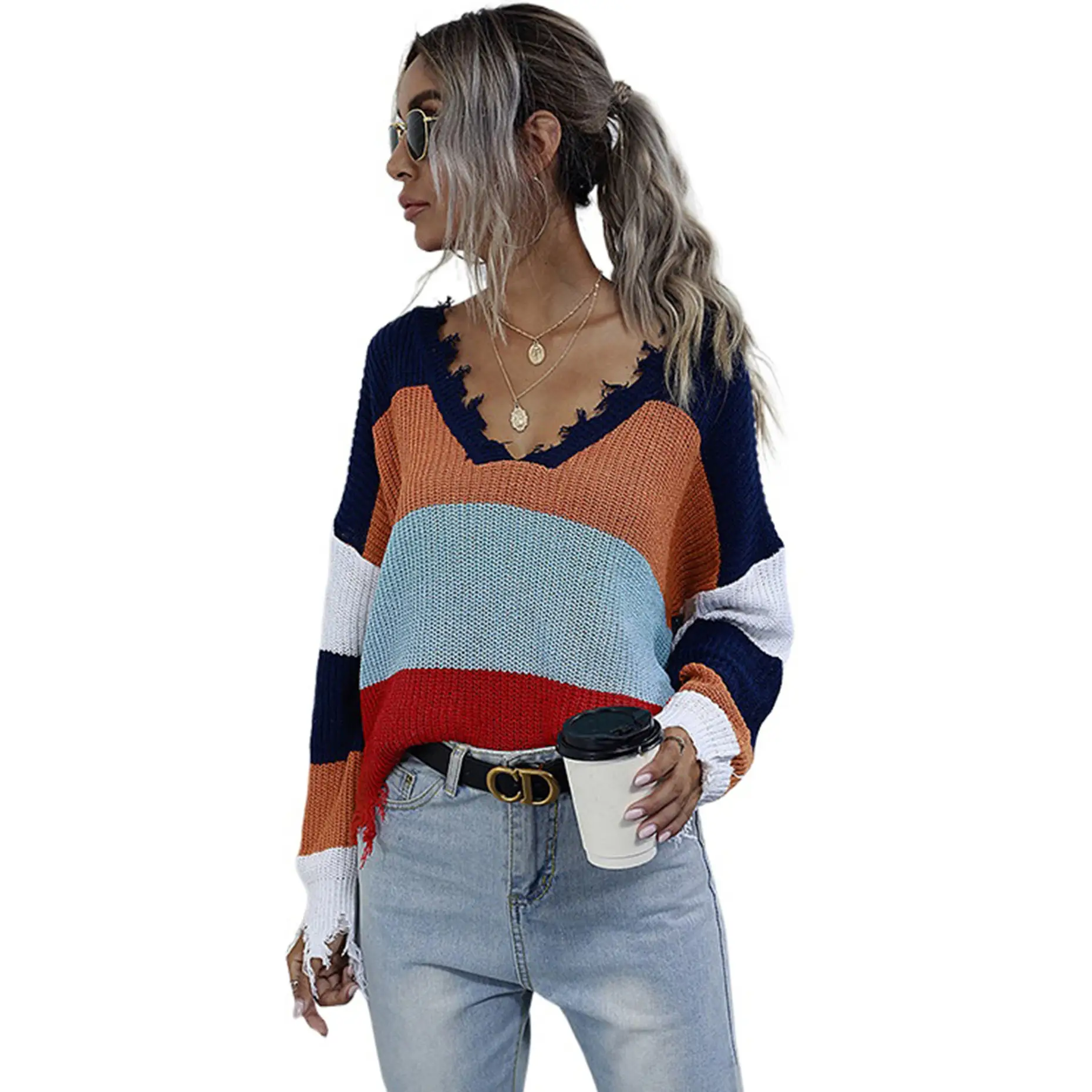 Women's V Neck Knitted Sweater Contrast Color Winter - Image 6