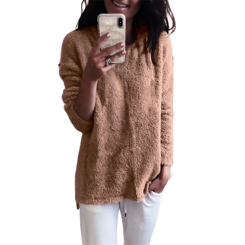 Women's Pink Fleece Round Neck Sweater Top - Image 18