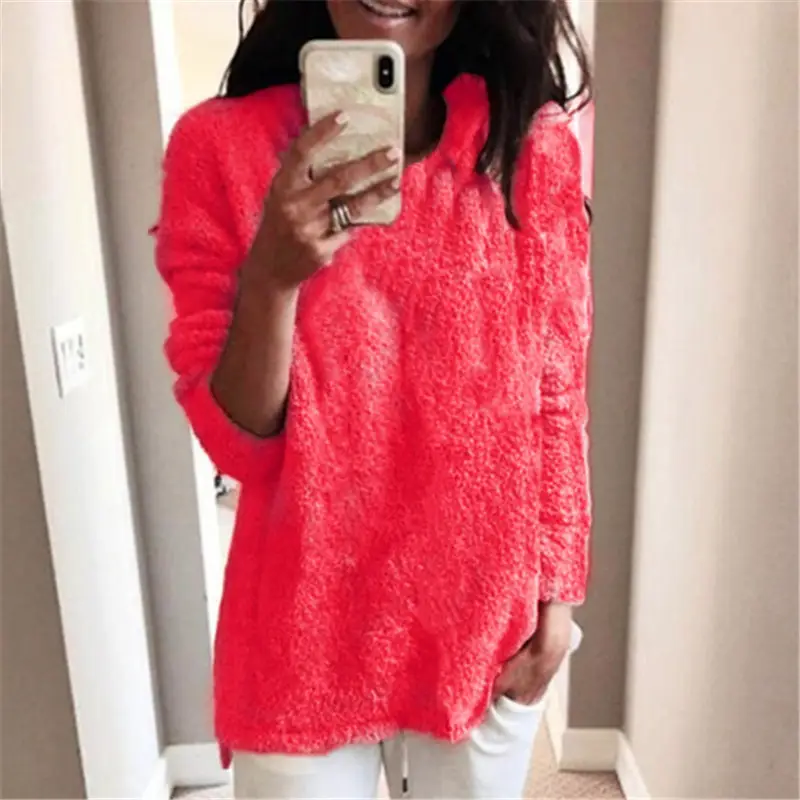Women's Pink Fleece Round Neck Sweater Top - Image 4