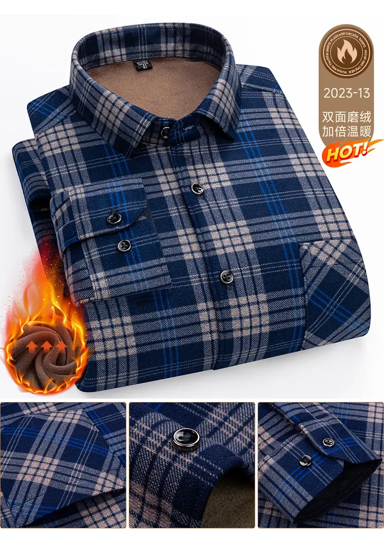 Men's Plaid Velvet Shirt Blue Grey Double Sided Wholesale — feature 37