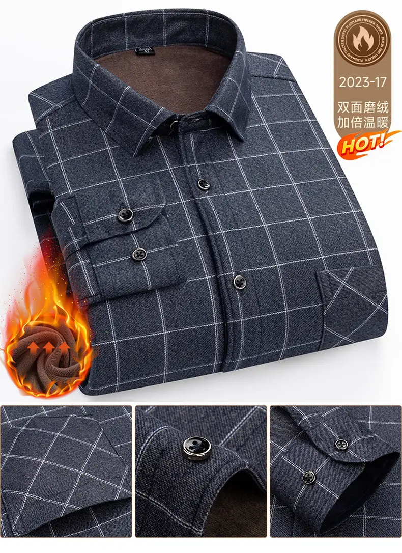 Men's Plaid Velvet Shirt Blue Grey Double Sided Wholesale — feature 38
