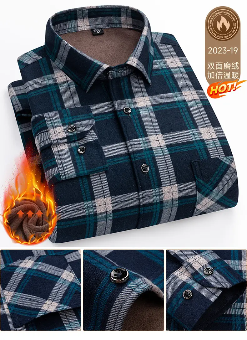 Men's Plaid Velvet Shirt Blue Grey Double Sided Wholesale — feature 39