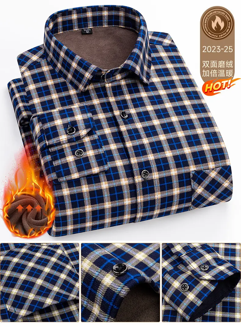 Men's Plaid Velvet Shirt Blue Grey Double Sided Wholesale — feature 40