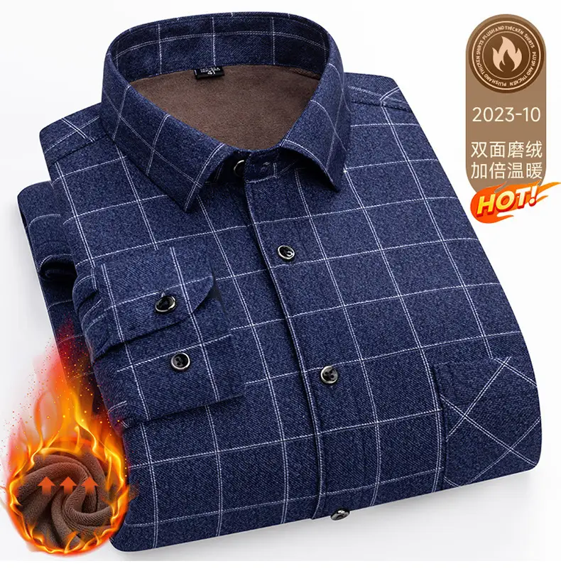 Men's Plaid Velvet Shirt Blue Grey Double Sided Wholesale — feature 41