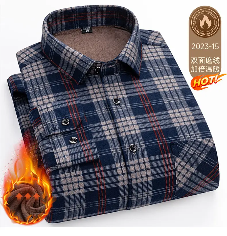 Men's Plaid Velvet Shirt Blue Grey Double Sided Wholesale — feature 42