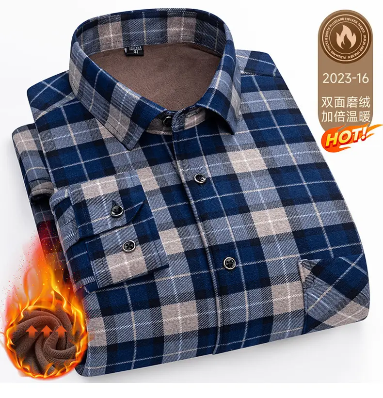 Men's Plaid Velvet Shirt Blue Grey Double Sided Wholesale — feature 43