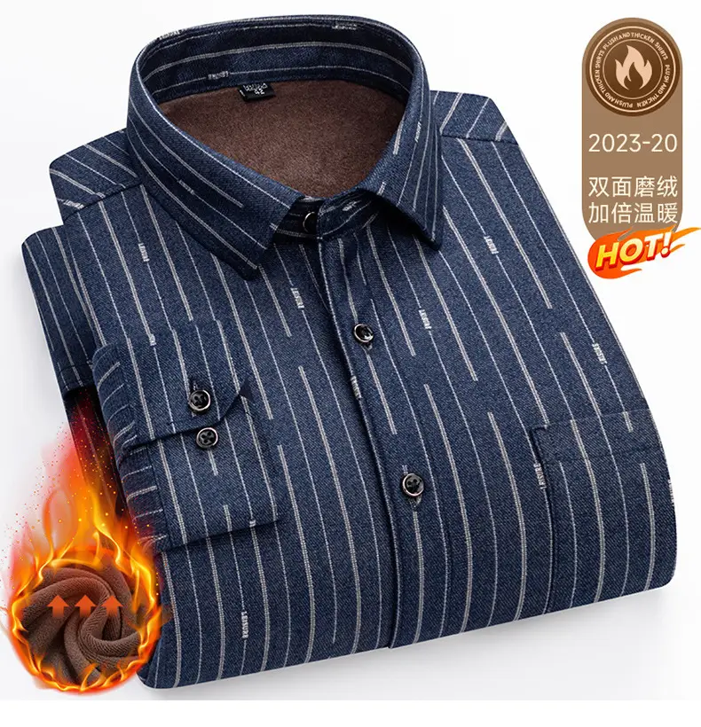 Men's Plaid Velvet Shirt Blue Grey Double Sided Wholesale — feature 44