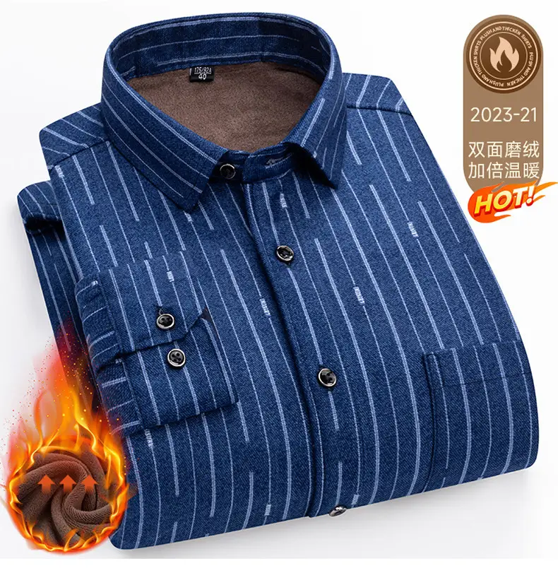 Men's Plaid Velvet Shirt Blue Grey Double Sided Wholesale — feature 45