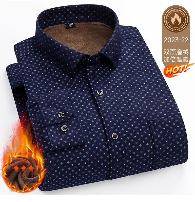 Men's Plaid Velvet Shirt Blue Grey Double Sided Wholesale — feature 46