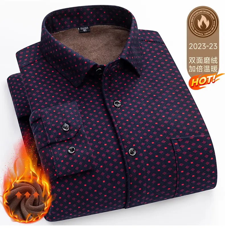 Men's Plaid Velvet Shirt Blue Grey Double Sided Wholesale — feature 47