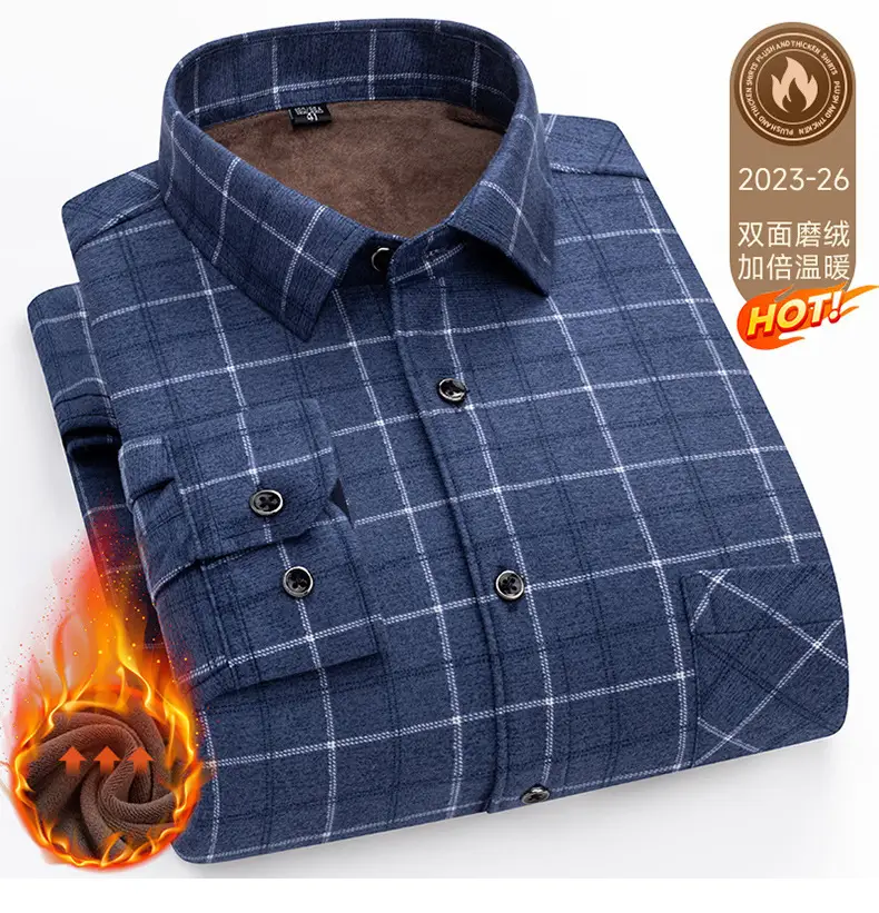 Men's Plaid Velvet Shirt Blue Grey Double Sided Wholesale — feature 48