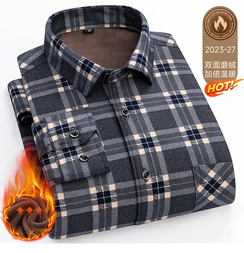 Men's Plaid Velvet Shirt Blue Grey Double Sided Wholesale — feature 49