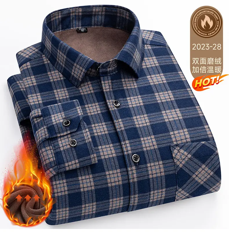 Men's Plaid Velvet Shirt Blue Grey Double Sided Wholesale — feature 50