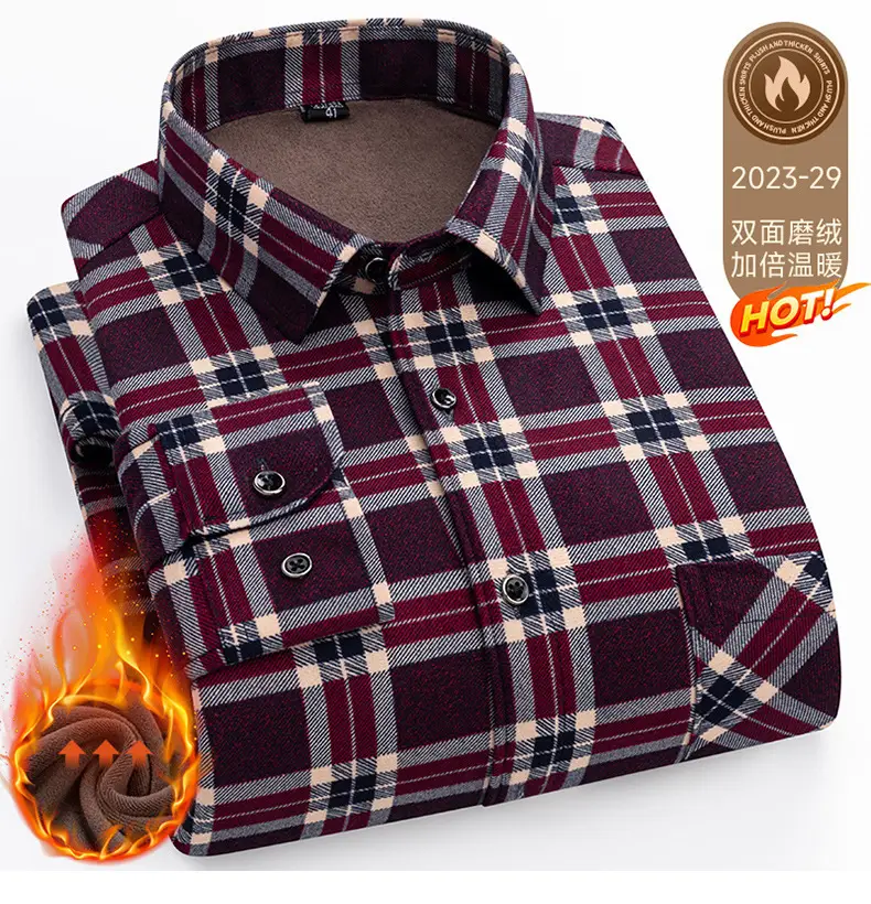 Men's Plaid Velvet Shirt Blue Grey Double Sided Wholesale — feature 51