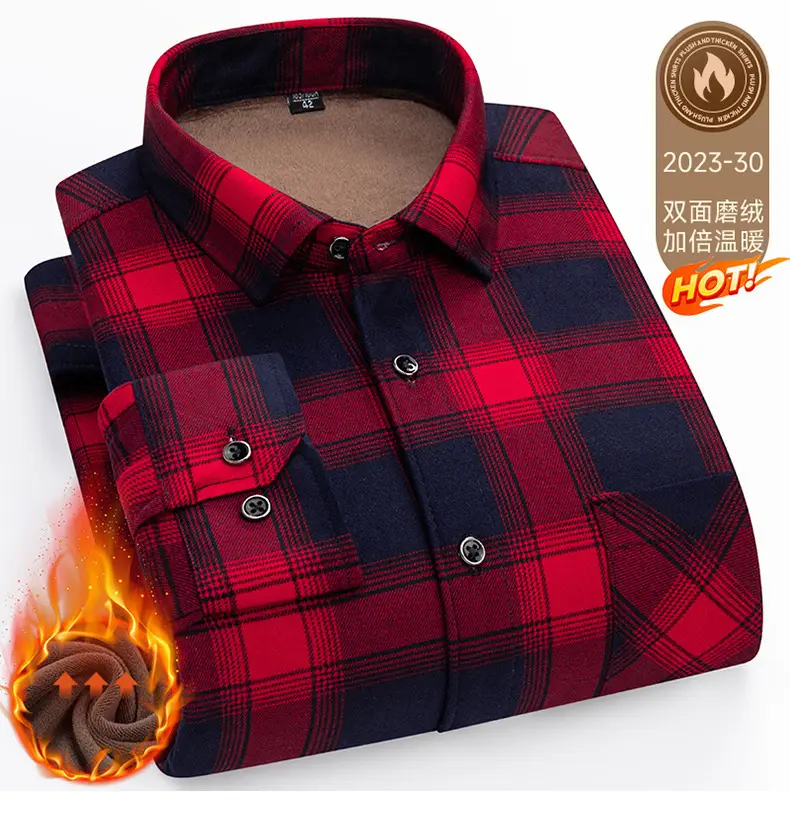 Men's Plaid Velvet Shirt Blue Grey Double Sided Wholesale — feature 52