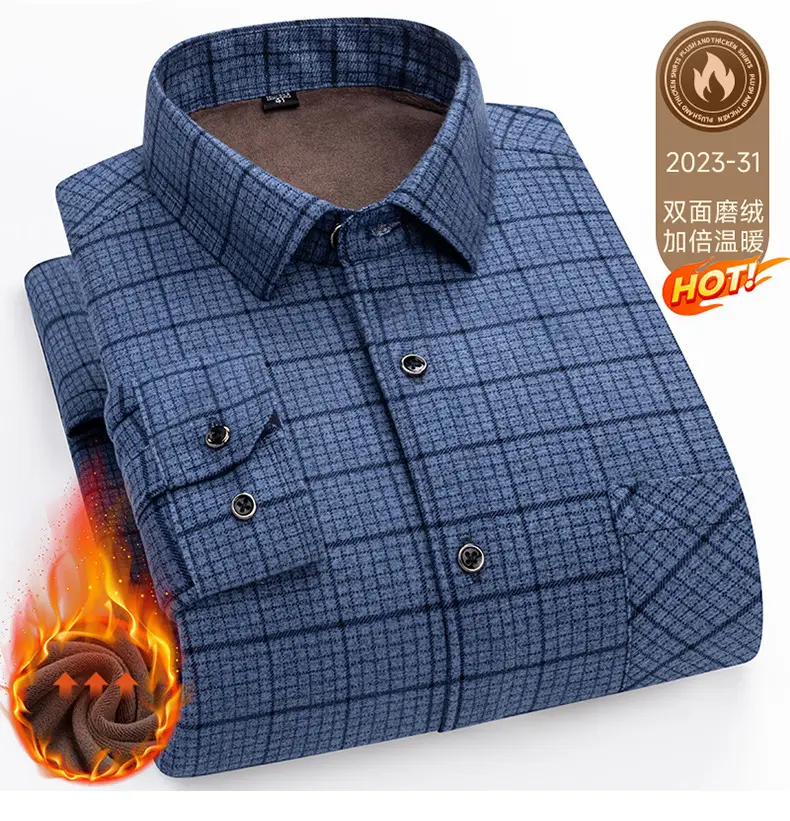 Men's Plaid Velvet Shirt Blue Grey Double Sided Wholesale — feature 53