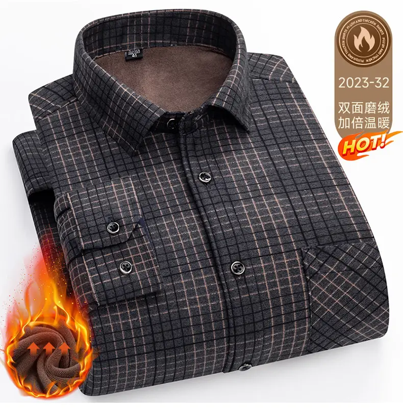 Men's Plaid Velvet Shirt Blue Grey Double Sided Wholesale — feature 54