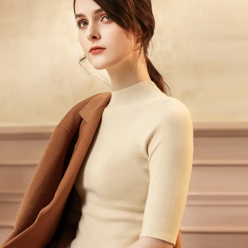Women's Knit Half Turtleneck Sweater Top Beige - Image 13