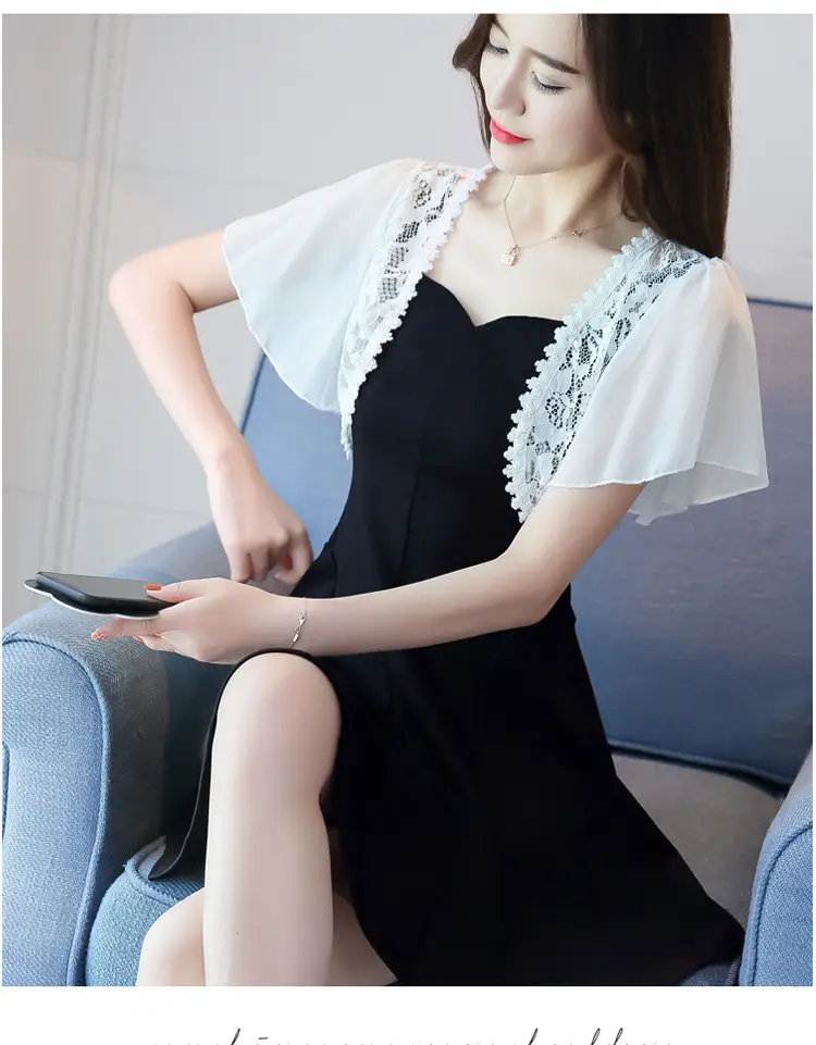 Lace Short Chiffon Shawl Jacket with Matching Skirt — feature 16
