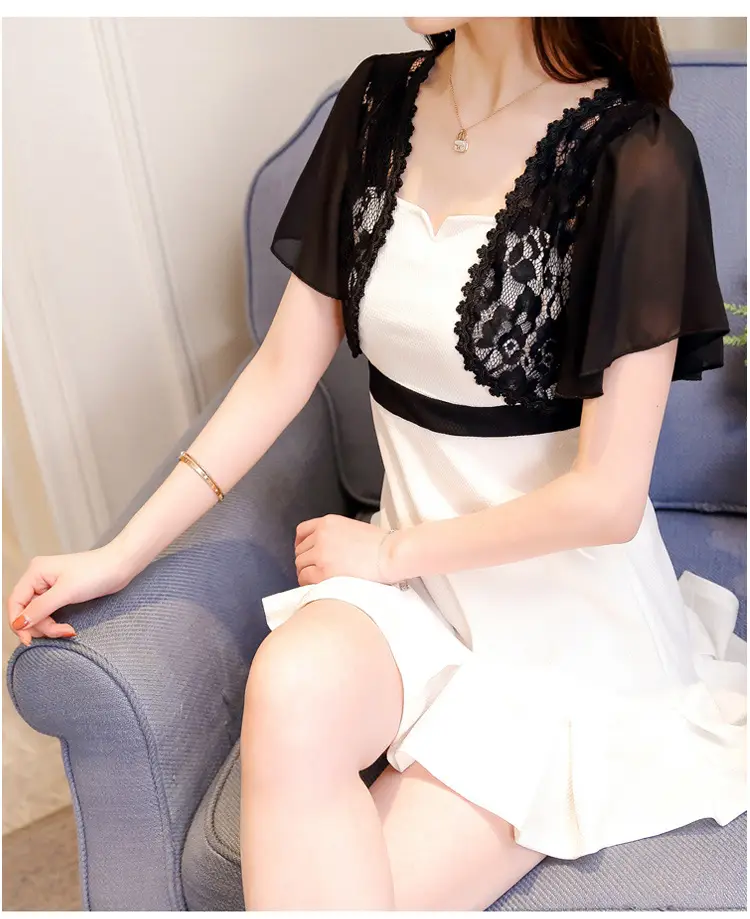 Lace Short Chiffon Shawl Jacket with Matching Skirt — feature 33