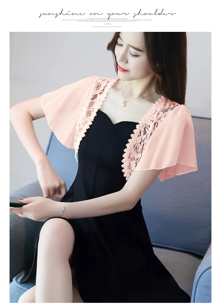 Lace Short Chiffon Shawl Jacket with Matching Skirt — feature 34