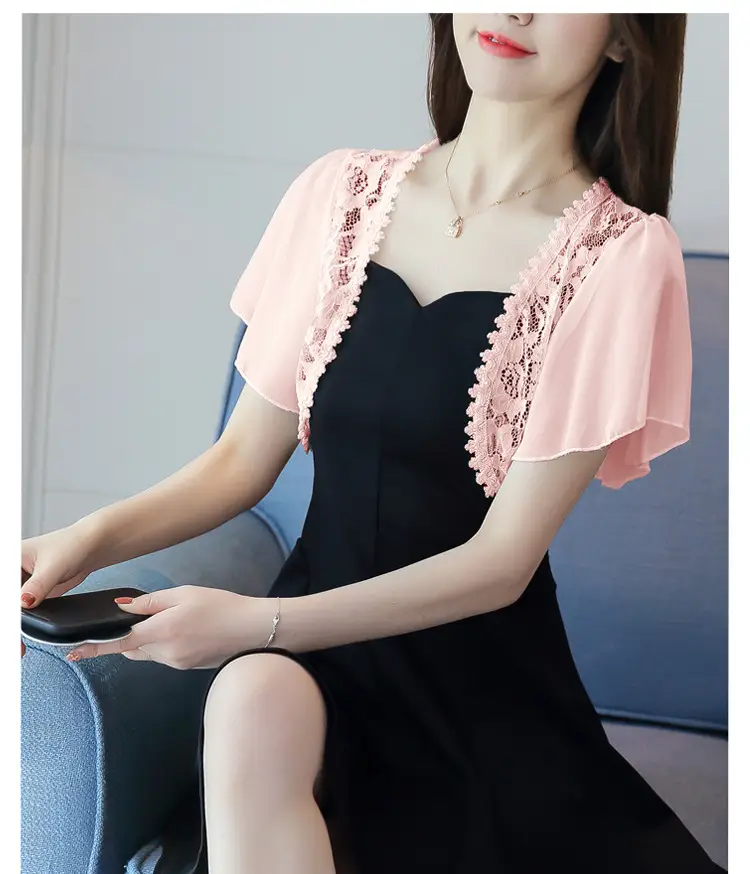 Lace Short Chiffon Shawl Jacket with Matching Skirt — feature 39