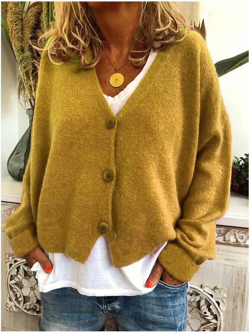 Women Grey Knitted V-Neck Cardigan Sweater