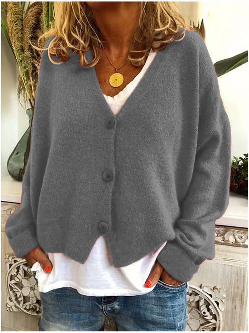 Women Grey Knitted V-Neck Cardigan Sweater