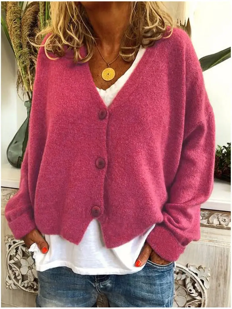 Women Grey Knitted V-Neck Cardigan Sweater