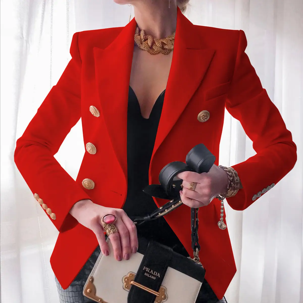 Women's Navy Blue Gold Button Suit with Belt