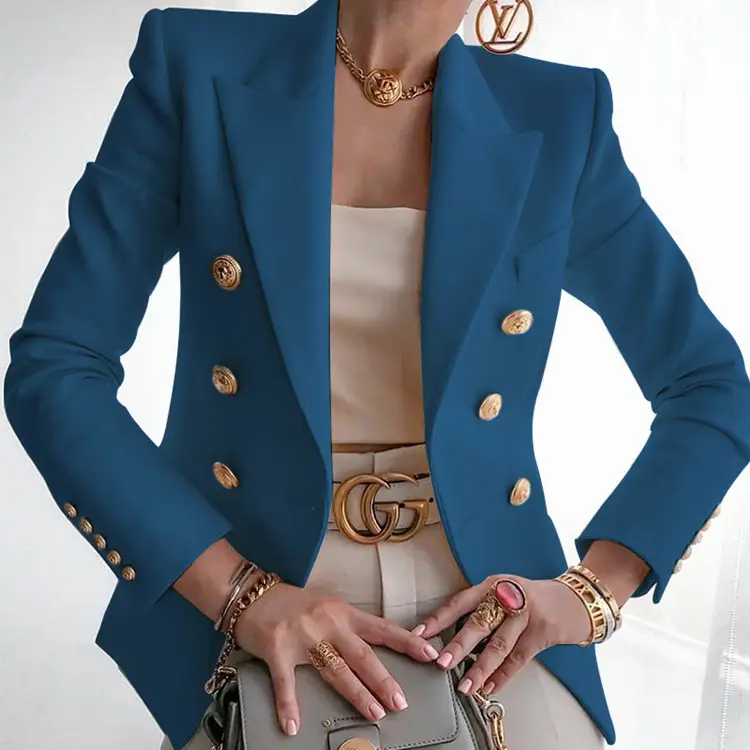 Women's Navy Blue Gold Button Suit with Belt