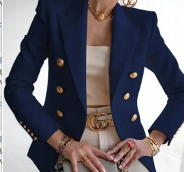 Women's Navy Blue Gold Button Suit with Belt