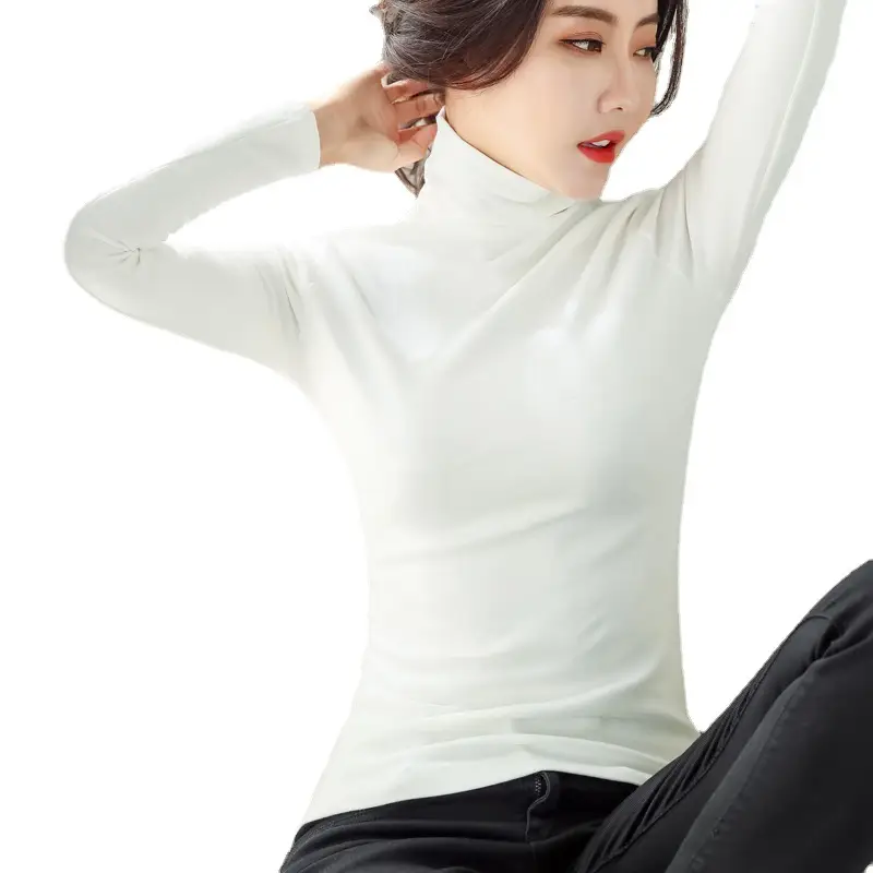 Women Fleece Lined Neck Shirt White Warm Slim Fit - Image 5