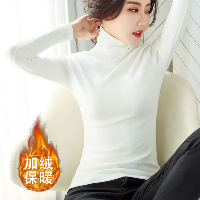 Women Fleece Lined Neck Shirt White Warm Slim Fit - Image 3