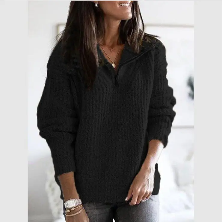 Women Knit Zipper Pullover Long Sleeve Maroon