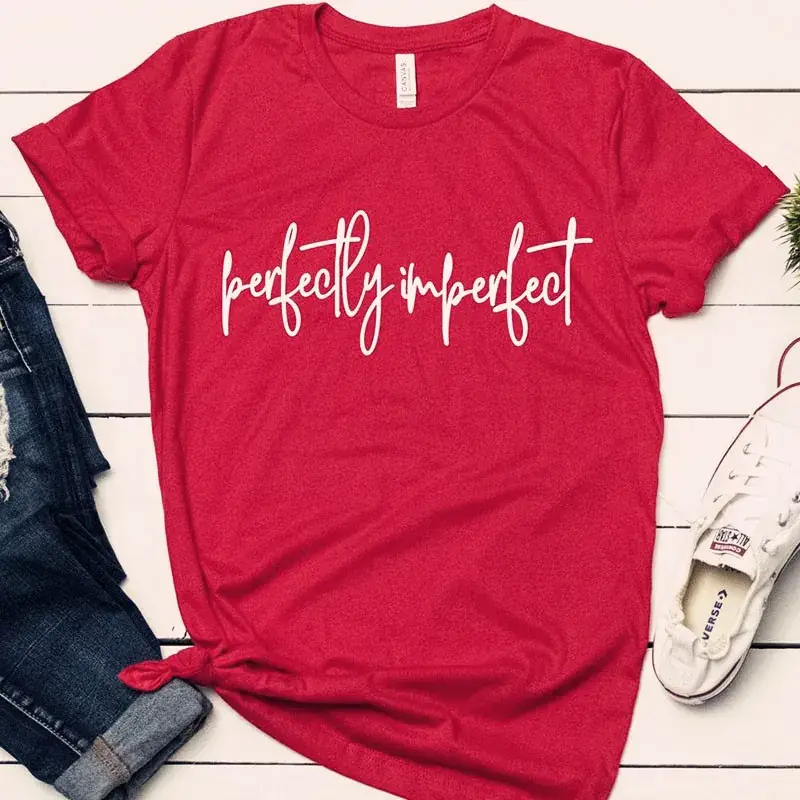 Men Women Perfectly Imperfect Letter T-Shirt White - Image 3