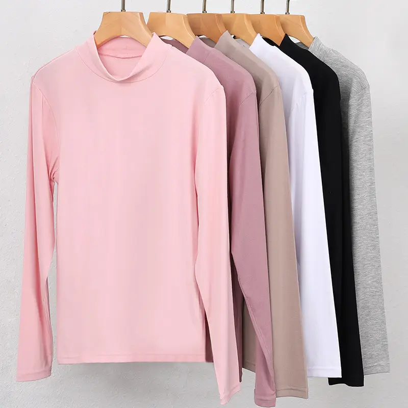 Women Black Long Sleeve T-Shirt with High Collar