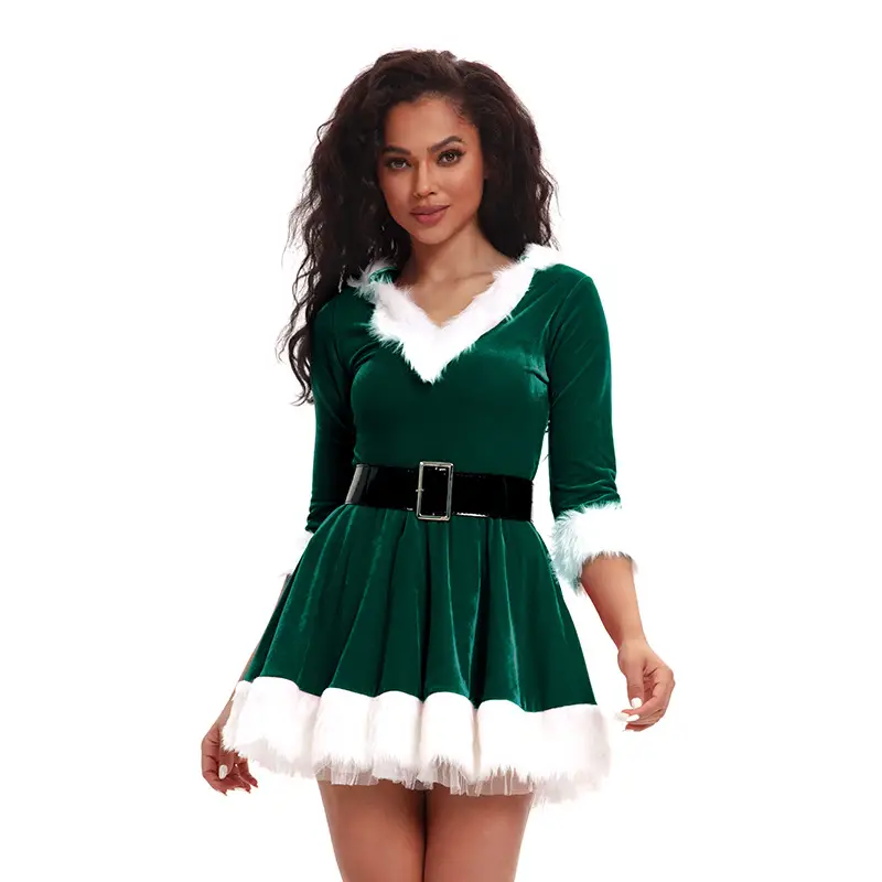 Green Velvet Christmas Skirt for Women with White Trim - Image 7