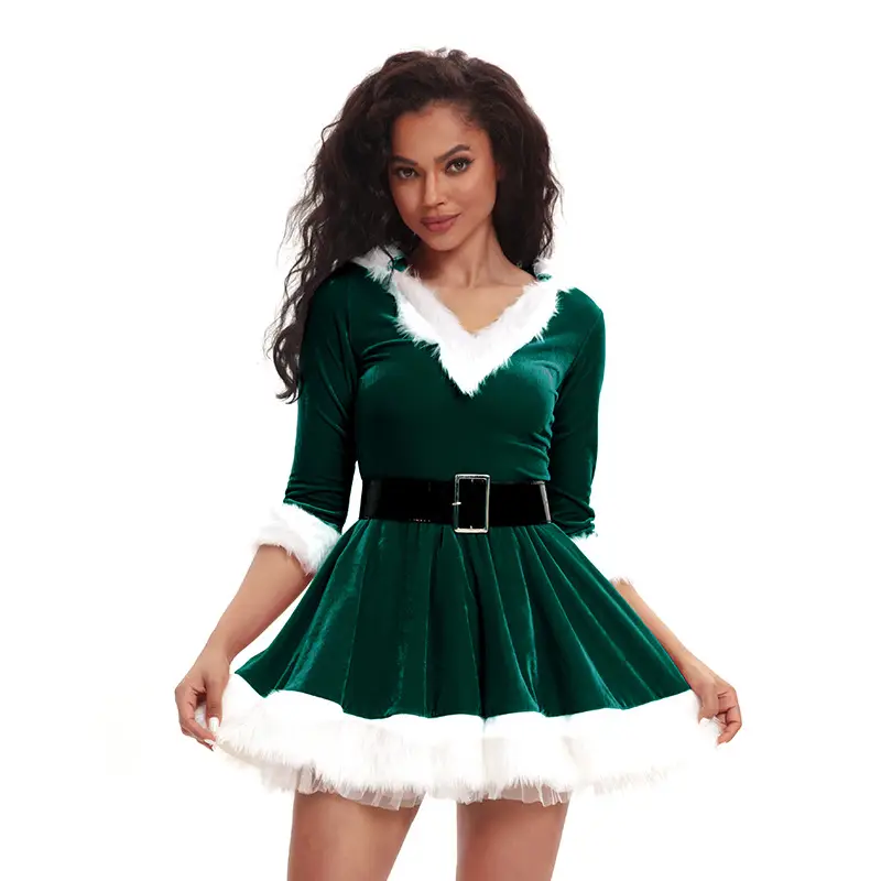 Green Velvet Christmas Skirt for Women with White Trim - Image 2