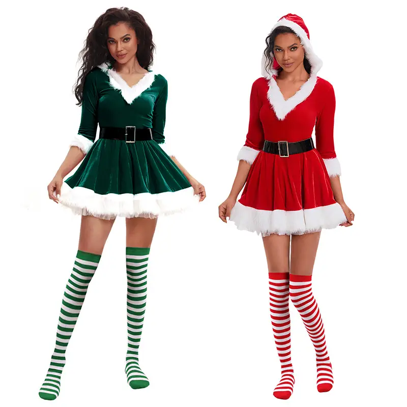 Green Velvet Christmas Skirt for Women with White Trim — feature 10