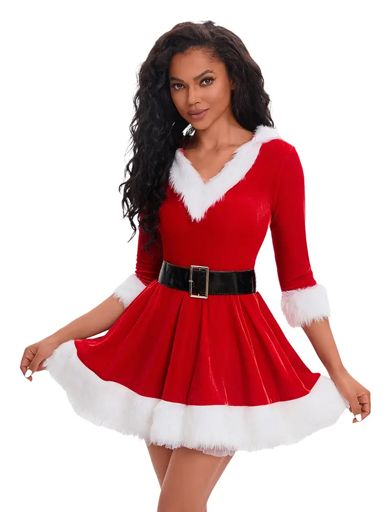 Green Velvet Christmas Skirt for Women with White Trim — feature 12