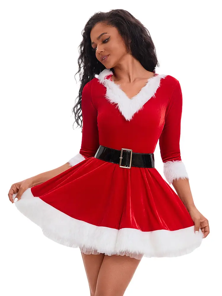 Green Velvet Christmas Skirt for Women with White Trim — feature 13